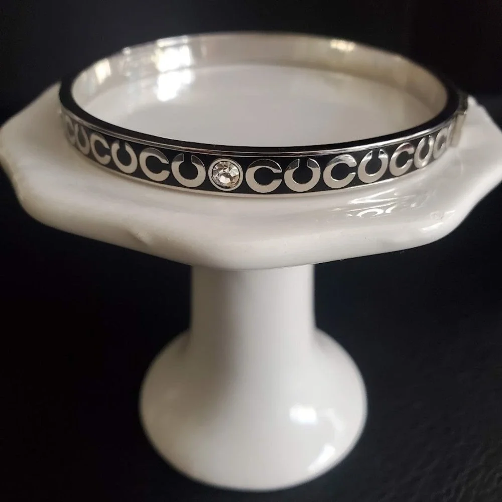 Coach Black and Silver Logo Bangle Bracelet with Crystal Accent